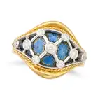 A DIAMOND AND ENAMEL DRESS RING in 18ct yellow gold, the ring in lattice design, set with round