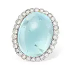 A LARGE AQUAMARINE AND DIAMOND DRESS RING set with an oval cabochon aquamarine of approximately 29.