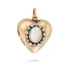 AN ANTIQUE OPAL AND DIAMOND HEART LOCKET PENDANT in yellow gold, the hinged heart shaped locket