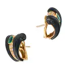 A PAIR OF EMERALD, DIAMOND AND ONYX EARRINGS each set with an octagonal step cut emerald and round