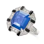 A CEYLON SAPPHIRE, DIAMOND AND ENAMEL RING set with an octagonal step cut sapphire of 6.86 carats,