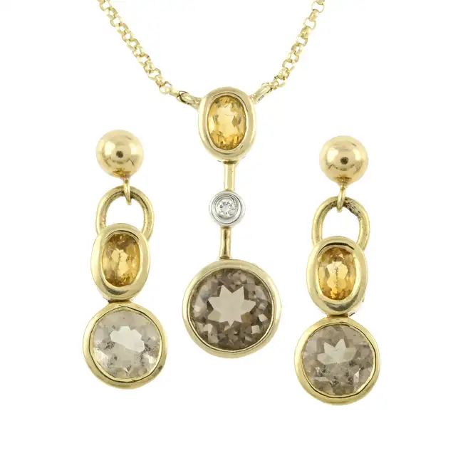 Citrine & smoky quartz earrings & necklace