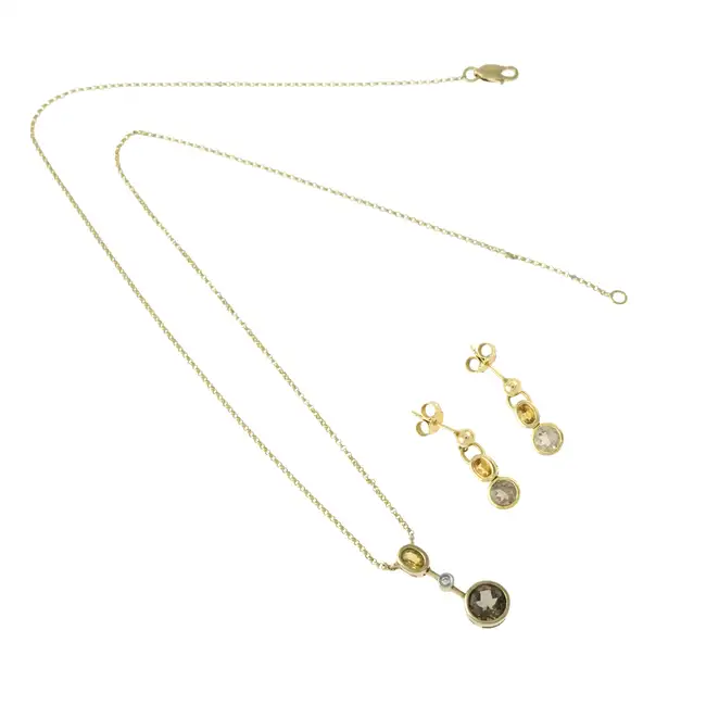 Citrine & smoky quartz earrings & necklace