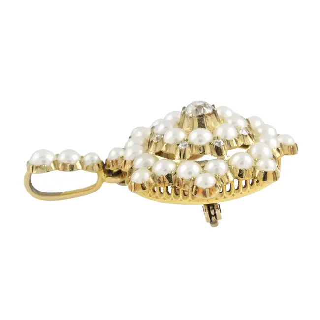 Victorian gold diamond and split pearl pendant