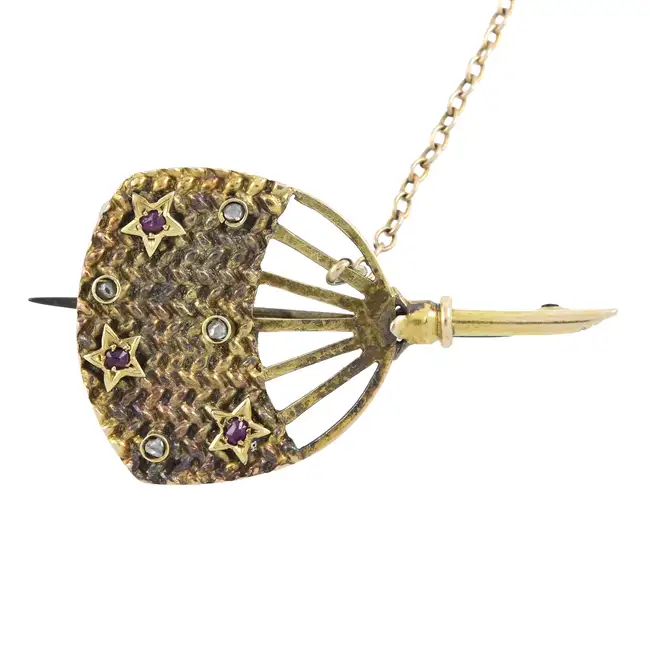 Early 20th century ruby & diamond uchiwa fan brooch