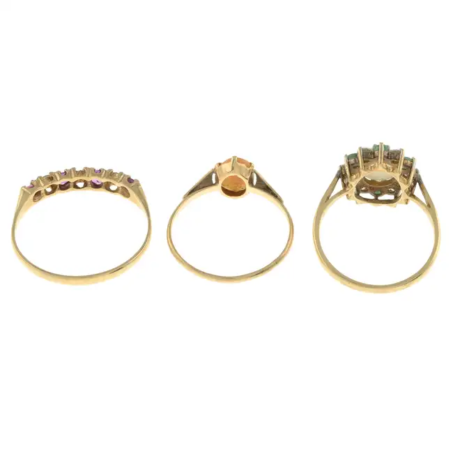 Three 9ct gold gem-set rings