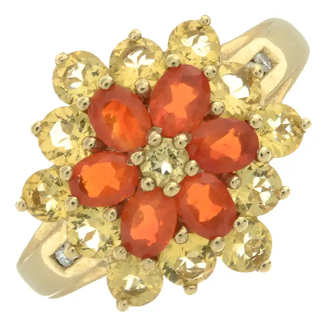 9ct gold citrine & fire opal cluster dress ring