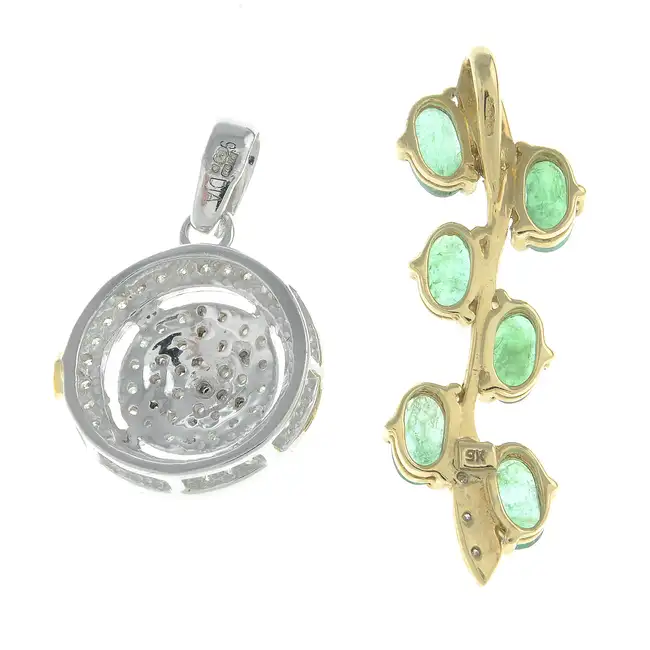 Two 9ct gold diamond & emerald pendants