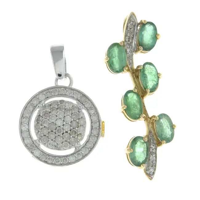 Two 9ct gold diamond & emerald pendants