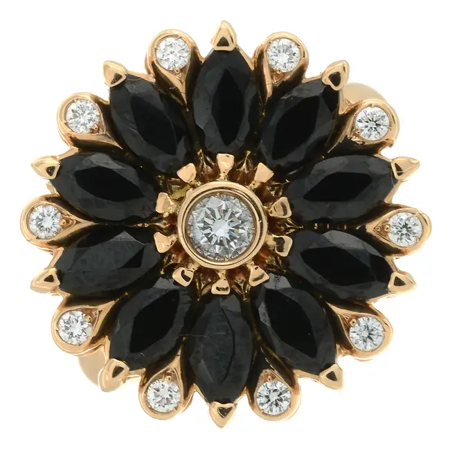 18ct gold diamond & black gem floral spinner ring