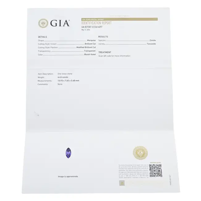 Marquise-shape tanzanite, 4.43ct. GIA report
