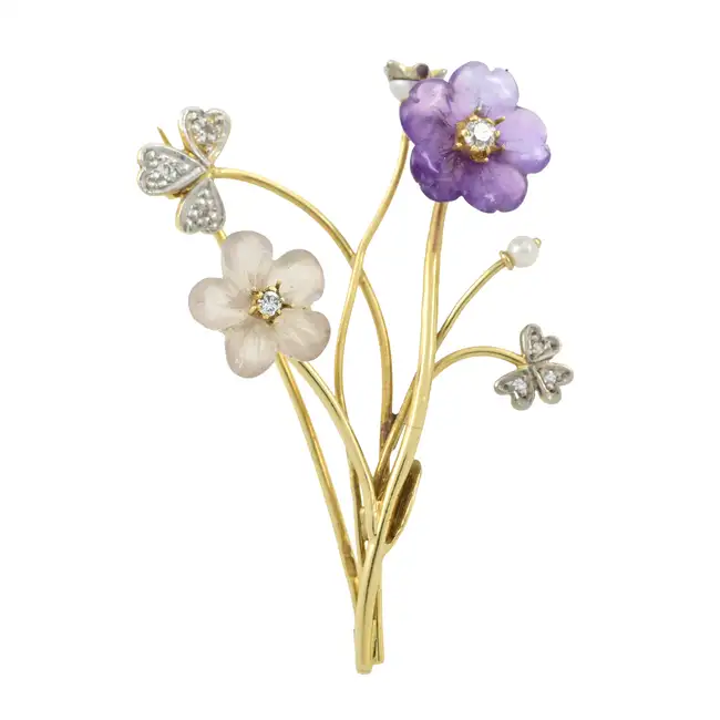 14ct gold gem & diamond floral spray brooch