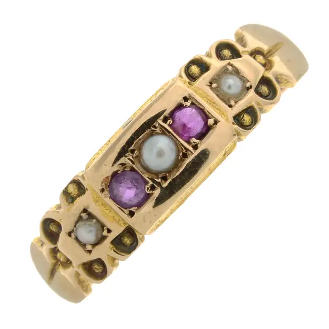 Late Victorian 15ct gold ruby & split pearl ring