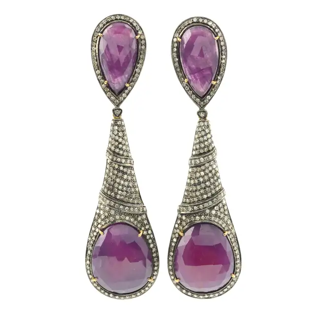Silver ruby & diamond drop earrings