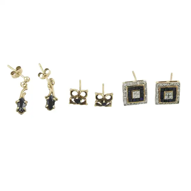 Three pairs of gem-set earrings, two 9ct gold