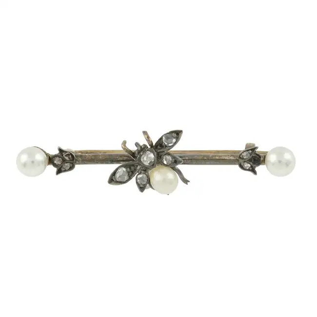 Late 19th c. cultured pearl & diamond fly brooch