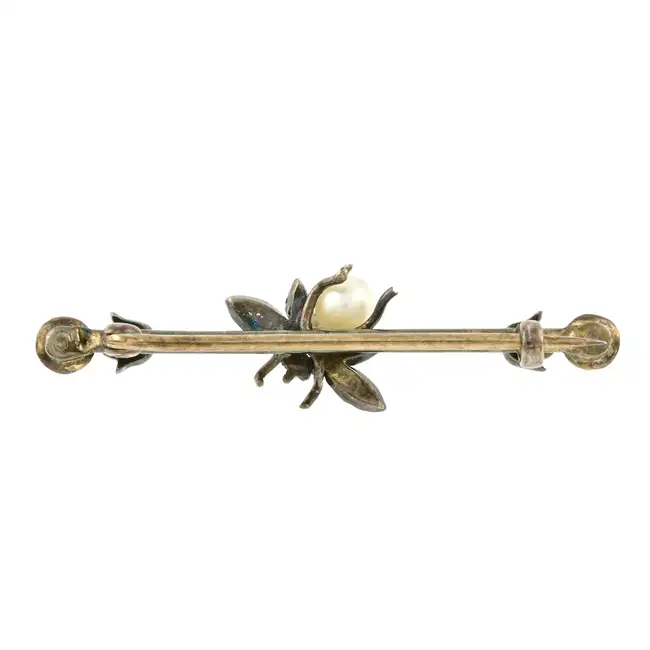 Late 19th c. cultured pearl & diamond fly brooch