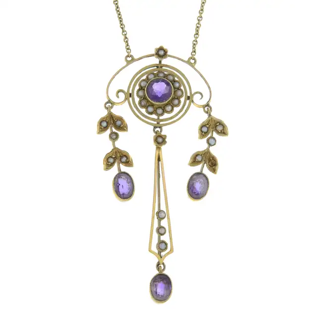 Edwardian gold gem pendant, on integral chain