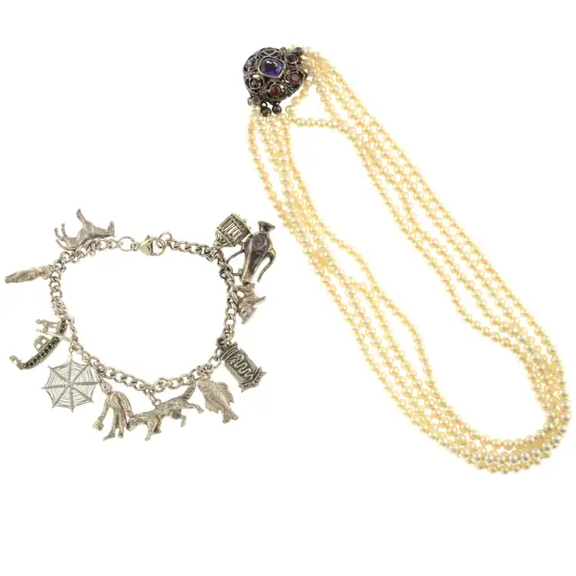 Imitation pearl necklace & charm bracelet 