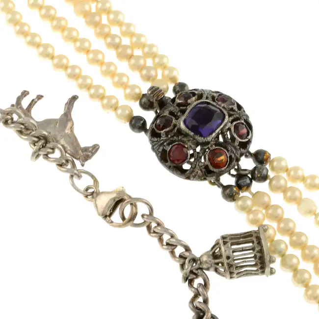 Imitation pearl necklace & charm bracelet 