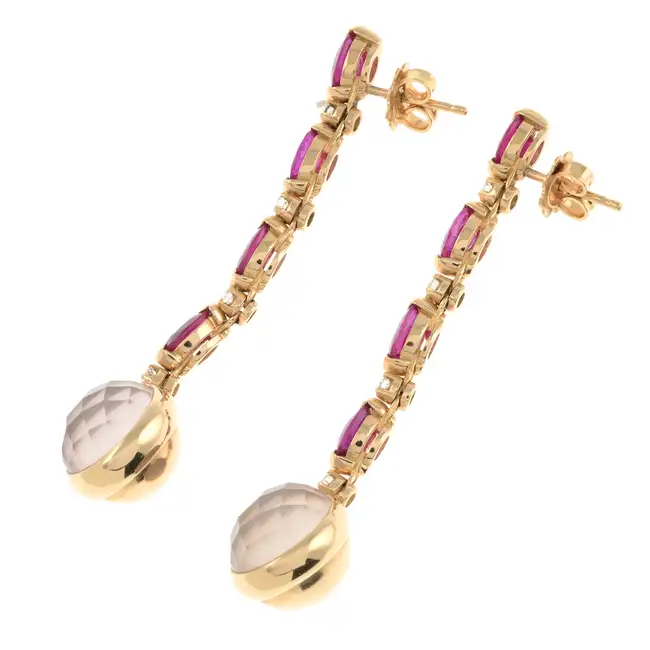 18ct ruby, diamond & rose quartz drop earrings