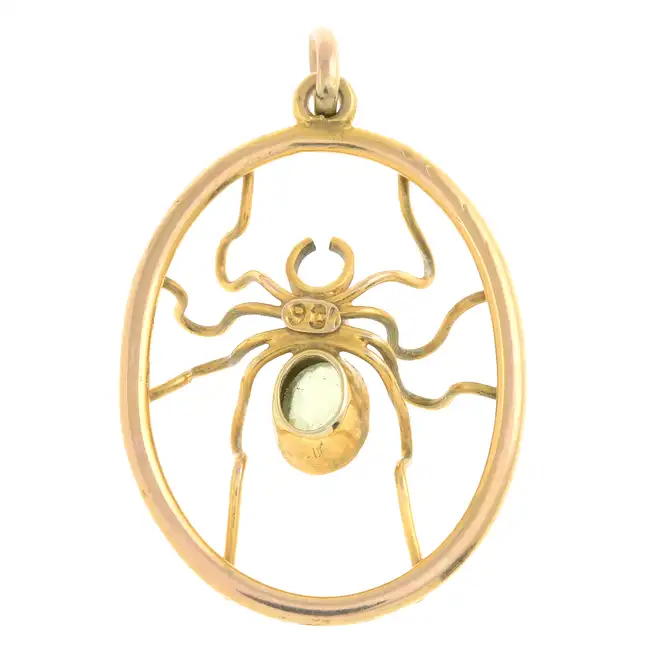 Early 20th c. peridot & split pearl spider pendant