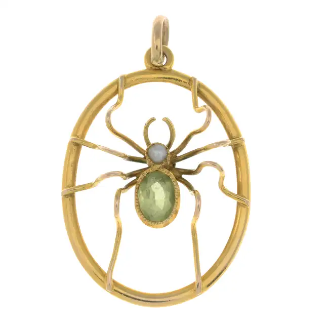 Early 20th c. peridot & split pearl spider pendant