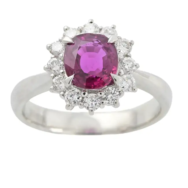 Platinum ruby and diamond cluster ring