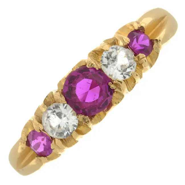Synthetic ruby & colourless paste five-stone ring