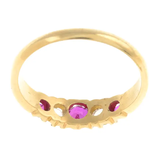 Synthetic ruby & colourless paste five-stone ring