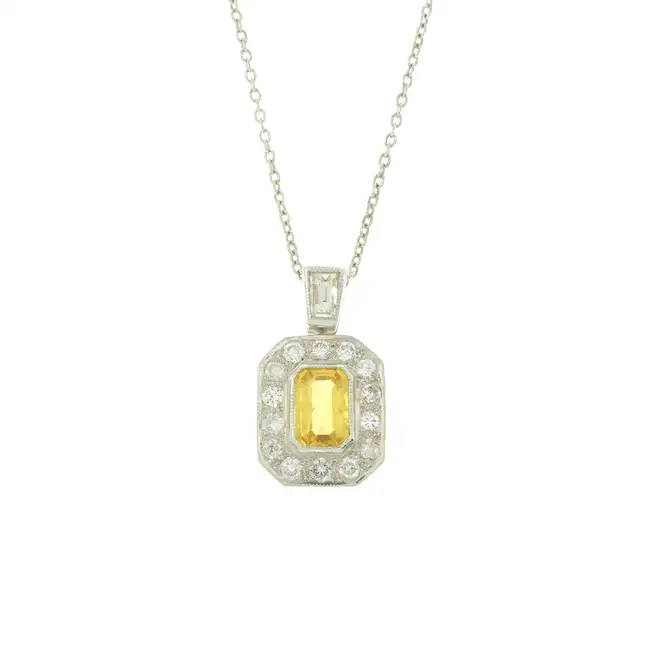 Yellow sapphire & diamond pendant, with chain
