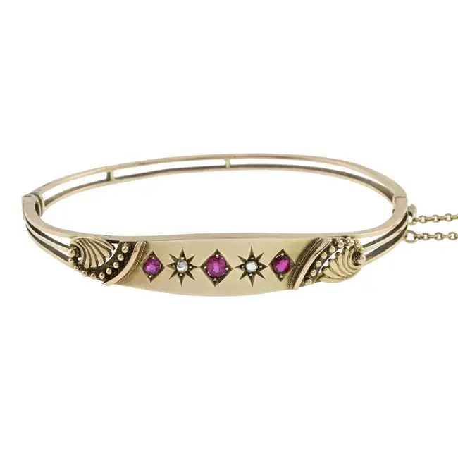 Late Victorian 9ct gold ruby & diamond bangle