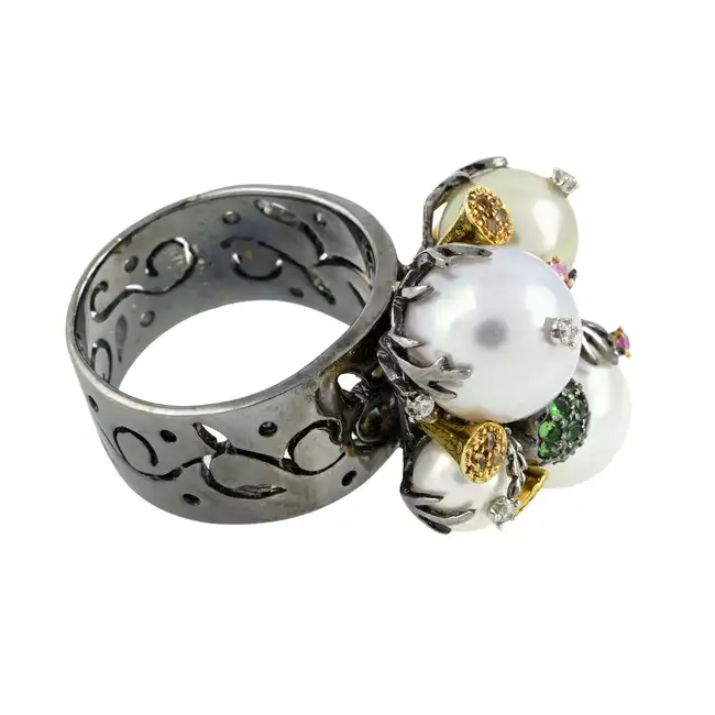 Cultured pearl and gem dress ring