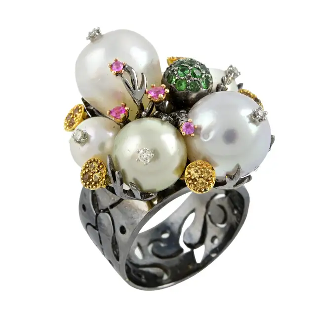 Cultured pearl and gem dress ring