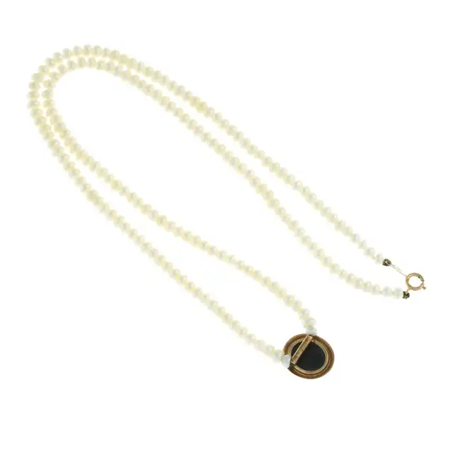 Opal composite pendant, on a cultured pearl necklace
