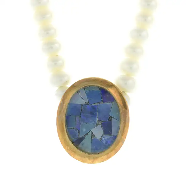 Opal composite pendant, on a cultured pearl necklace
