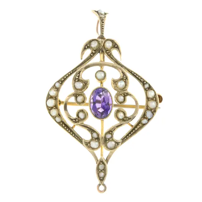 Early 20th century amethyst & split pearl brooch
