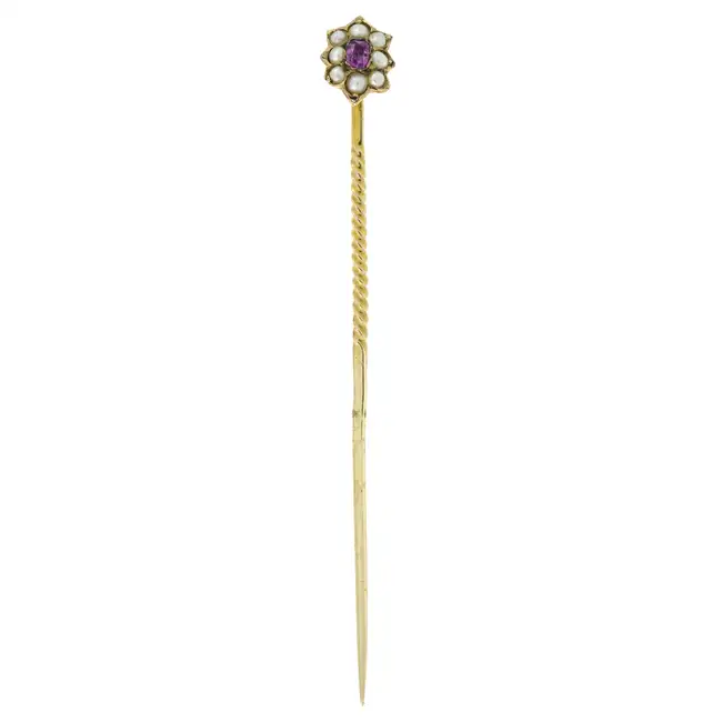 Late 19th century sapphire & split pearl stick pin