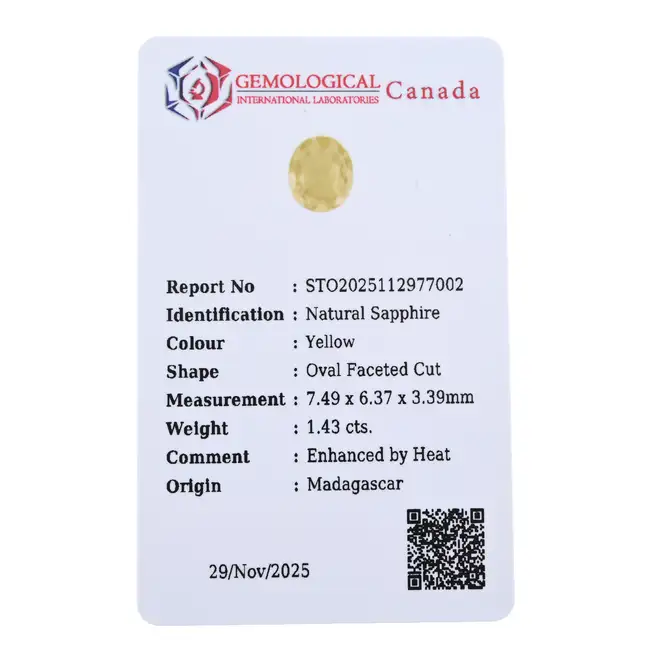 Oval-shape yellow sapphire, 1.43ct