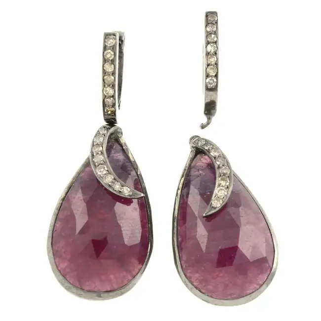 Silver ruby & diamond drop earrings