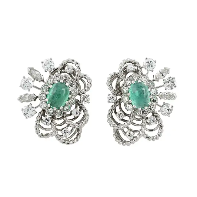 Mid 20th century emerald and diamond earrings