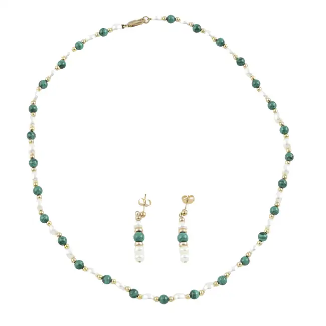 Cultured pearl & malachite necklace & earrings