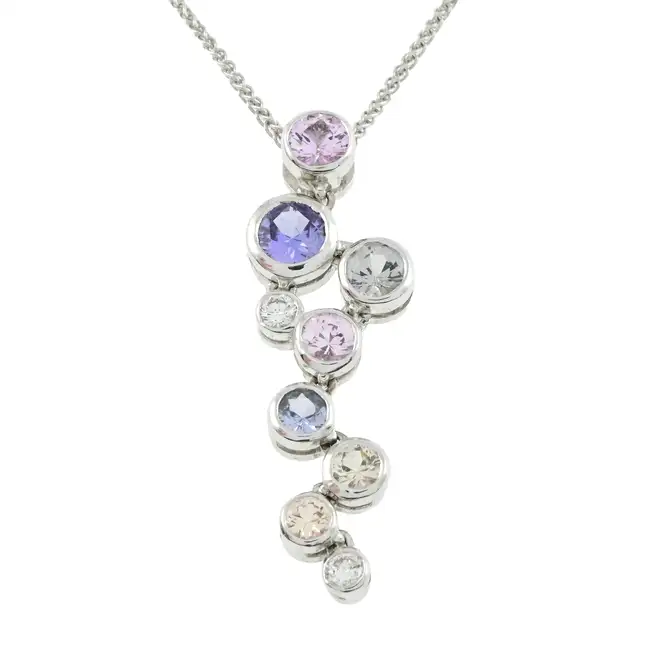 Vari-hue sapphire & diamond pendant,18ct gold chain