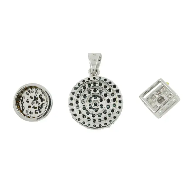 Three diamond & 'coloured' diamond pendants