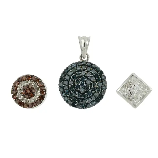 Three diamond & 'coloured' diamond pendants