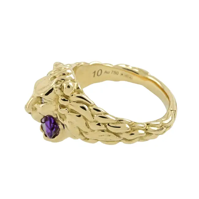 18ct gold diamond and amethyst lion head ring, by Gucci