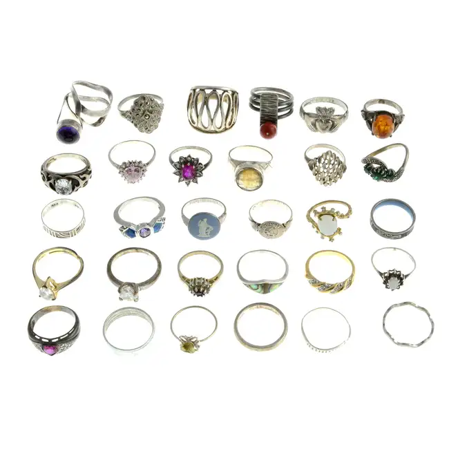 Thirty rings, two silver