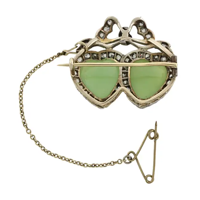 Victorian chrysoprase and diamond hearts brooch