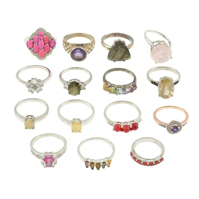 Fifteen gem-set rings