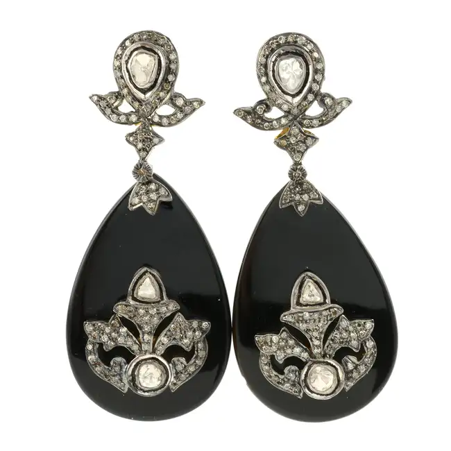Silver onyx & diamond drop earrings